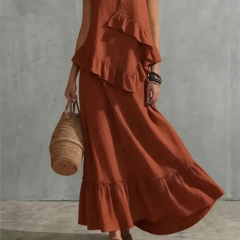 Women's Two-piece Sleeveless Irregular Ruffle Top Long Skirt 2026 Summer Cotton And Linen Fashion Casual Loose Solid Color Suit by Adornity