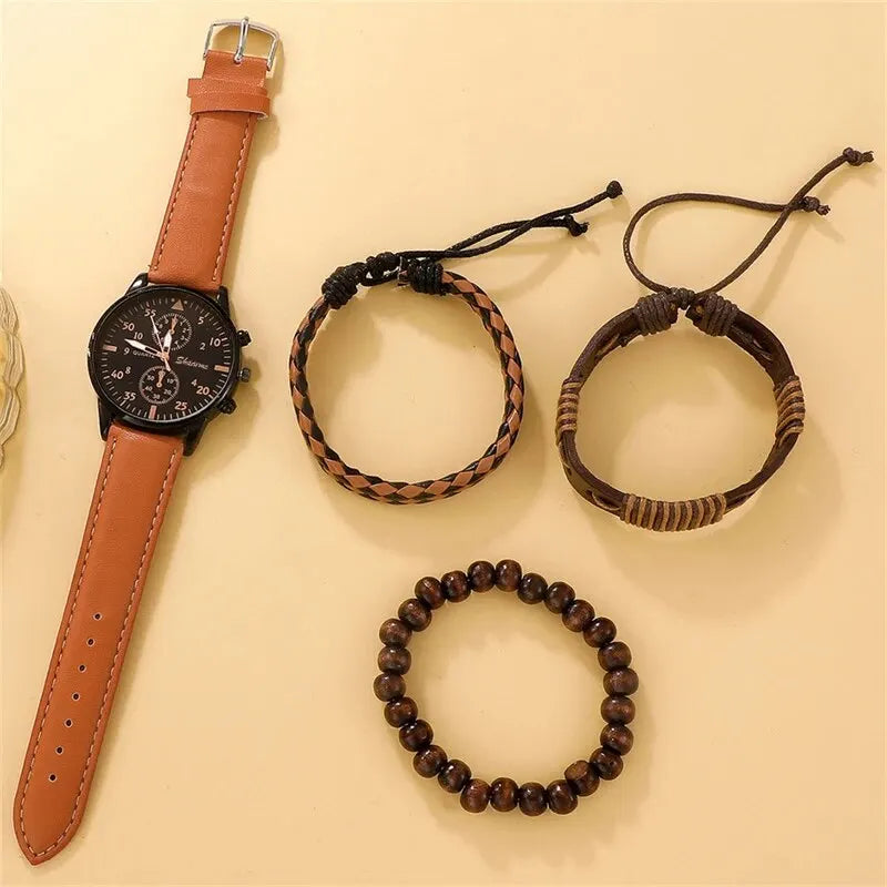Men Leather Watch - Luxury Quartz Wristwatch With Brown Leather Band & Bracelet Set