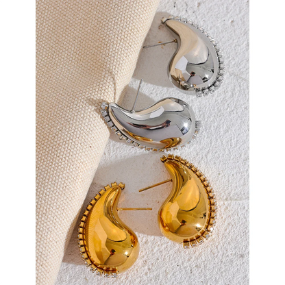 Stainless Steel Water Drop Earrings with Bling Cubic Zirconia and 18K Gold Plating