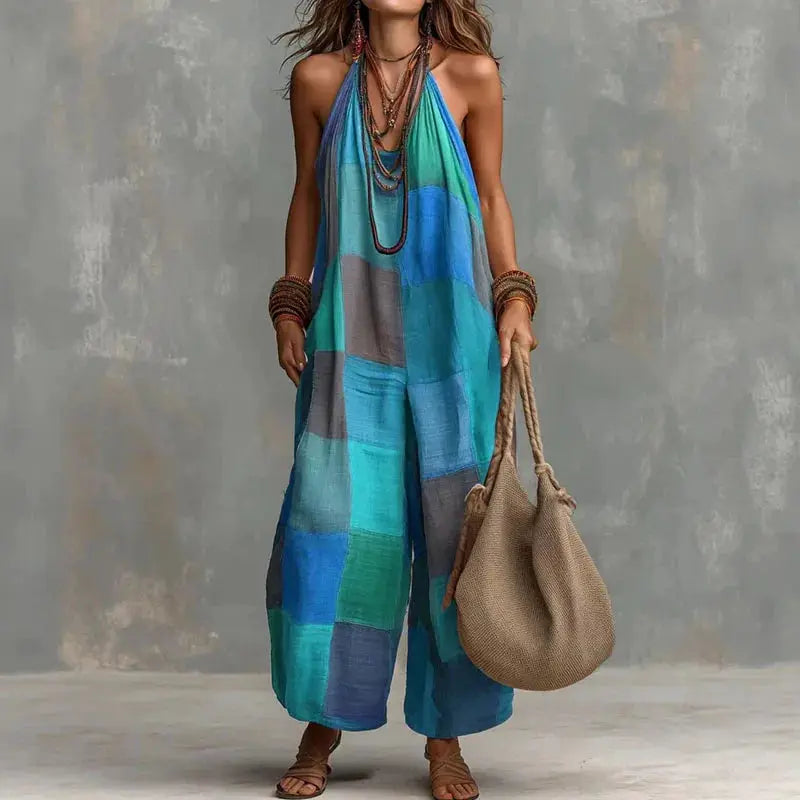 Jumpsuit Tatting Lace Collection Exclusive Edition: full-length halter in blue-green patchwork, polyester blend.