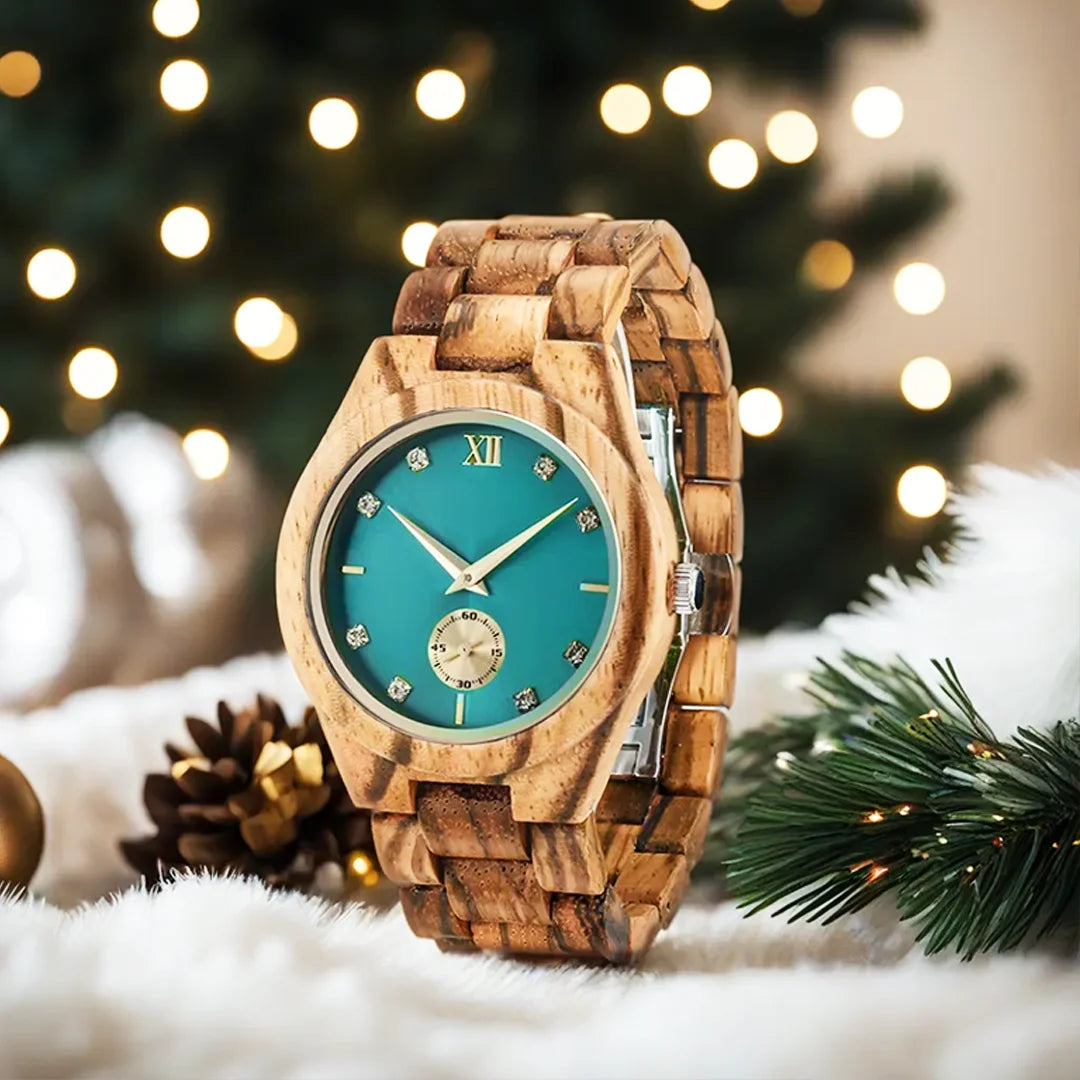 Wooden Quartz Watch with Simulated Diamond Dial for Women