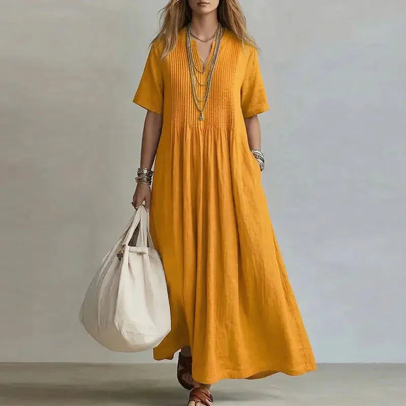 Retro Solid Cotton Linen Maxi Dress Woman Spring Sexy V Neck Draped Pocket Long Dress Summer Short Sleeve High Waist Party Dress by Adornity