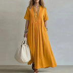 Retro Solid Cotton Linen Maxi Dress Woman Spring Sexy V Neck Draped Pocket Long Dress Summer Short Sleeve High Waist Party Dress by Adornity