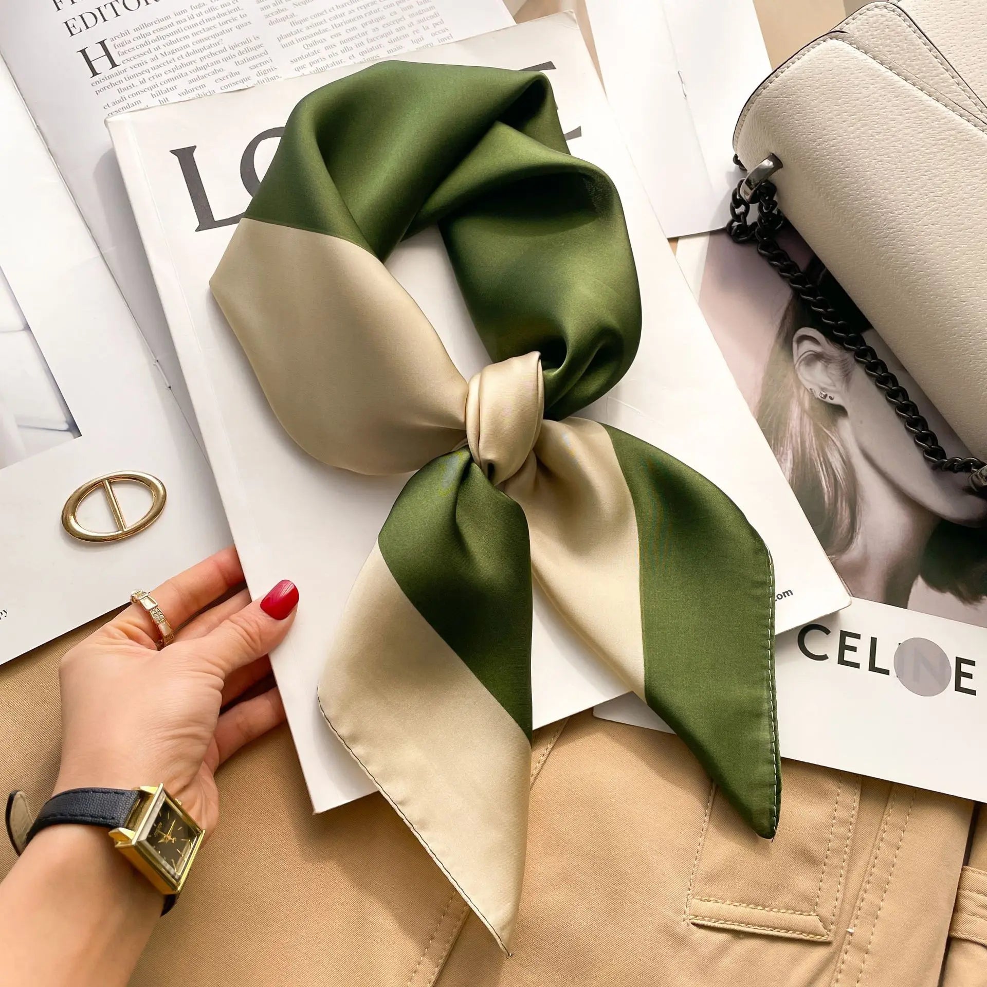 Women's Silk Scarf - 70x70cm Square Printed Pashmina Shawl With Plaid Pattern