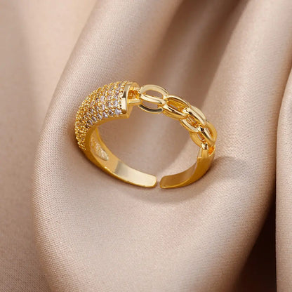 Gold Stainless Steel Hollow Out Ring with Crystal Zircon