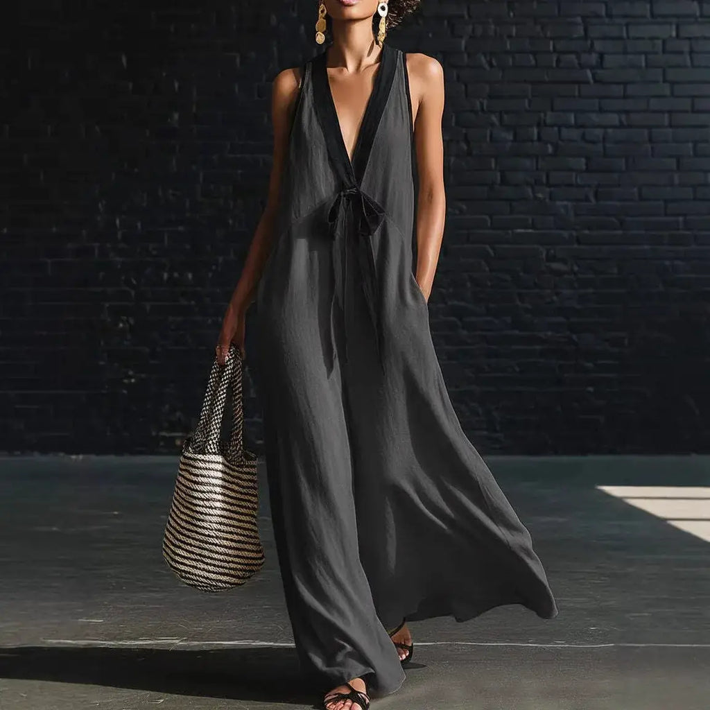 Women's Long Dress Solid Color 2026 Summer New Arrival Fashion Elegant Colorblock Deep V-neck Sleeveless Lace-Up Loose Dress by Adornity