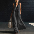 Women's Long Dress Solid Color 2026 Summer New Arrival Fashion Elegant Colorblock Deep V-neck Sleeveless Lace-Up Loose Dress by Adornity
