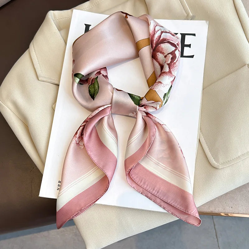 Women's Silk Scarf - 70x70cm Square Printed Pashmina Shawl With Plaid Pattern