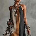 Women Patchwork Animal Print Elegant Party Dresses 2026 Spring Halter Split Hem Long Dress Summer Sleeveless Vacation Maxi Dress by Adornity
