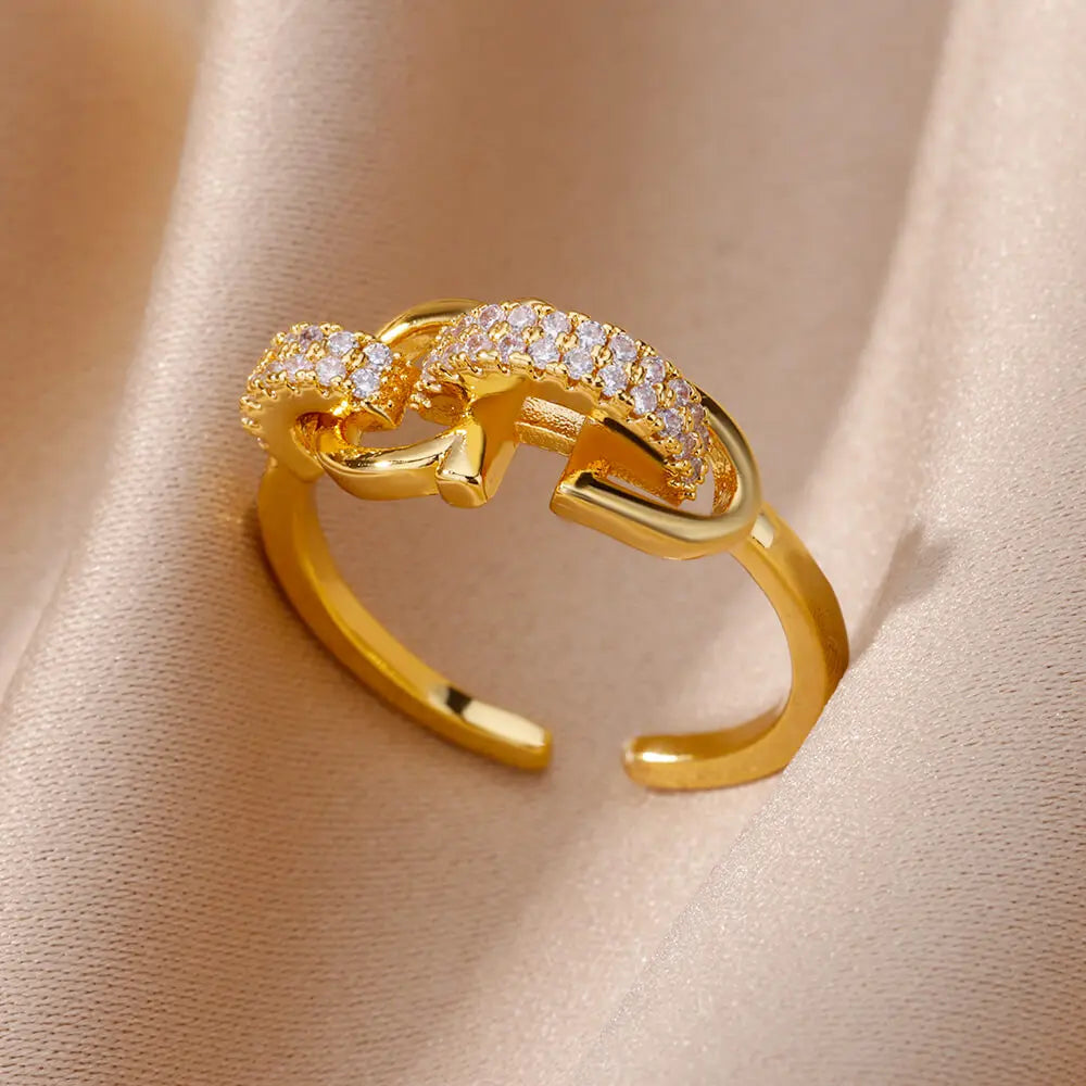 Gold Stainless Steel Hollow Out Ring with Crystal Zircon