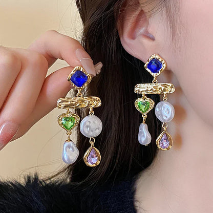 Retro Fringe Rhinestone Asymmetrical Pearl Earrings