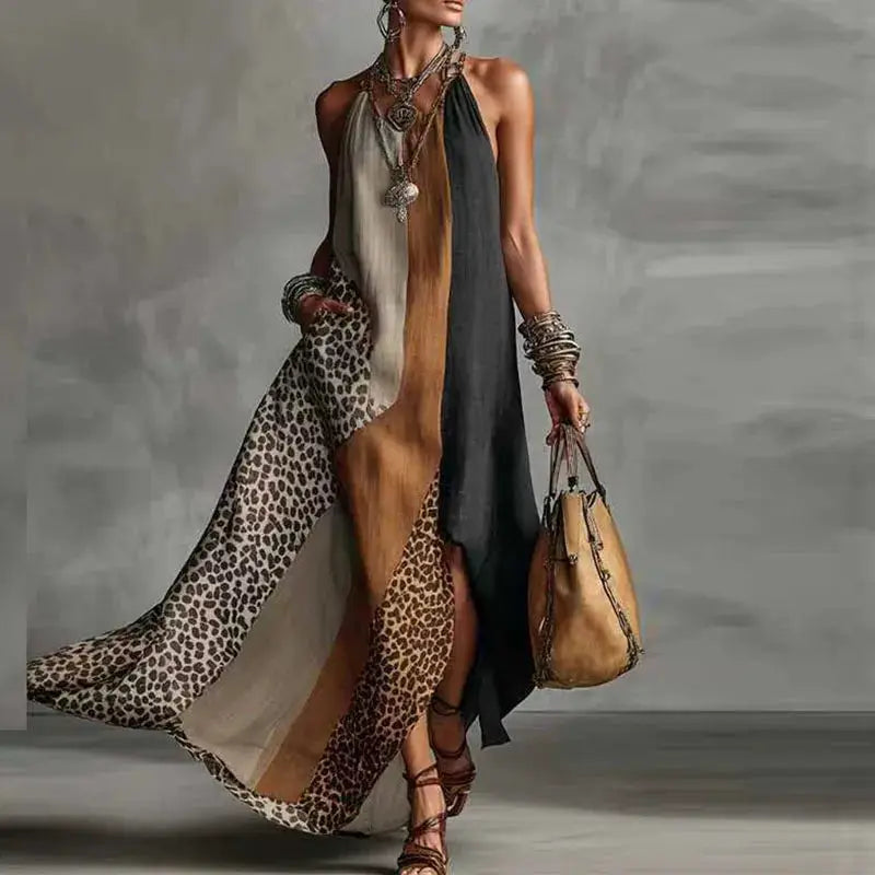 Women Patchwork Animal Print Elegant Party Dresses 2026 Spring Halter Split Hem Long Dress Summer Sleeveless Vacation Maxi Dress by Adornity