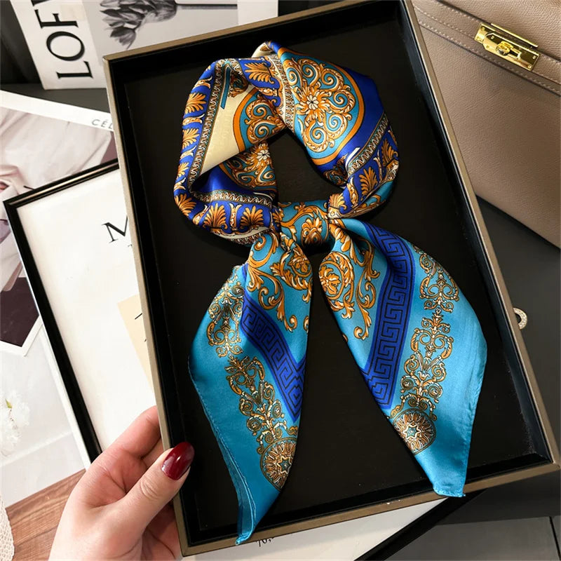 Women's Silk Scarf - 70x70cm Square Printed Pashmina Shawl With Plaid Pattern