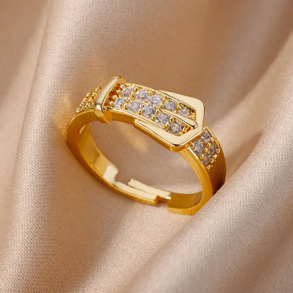 Gold Stainless Steel Hollow Out Ring with Crystal Zircon