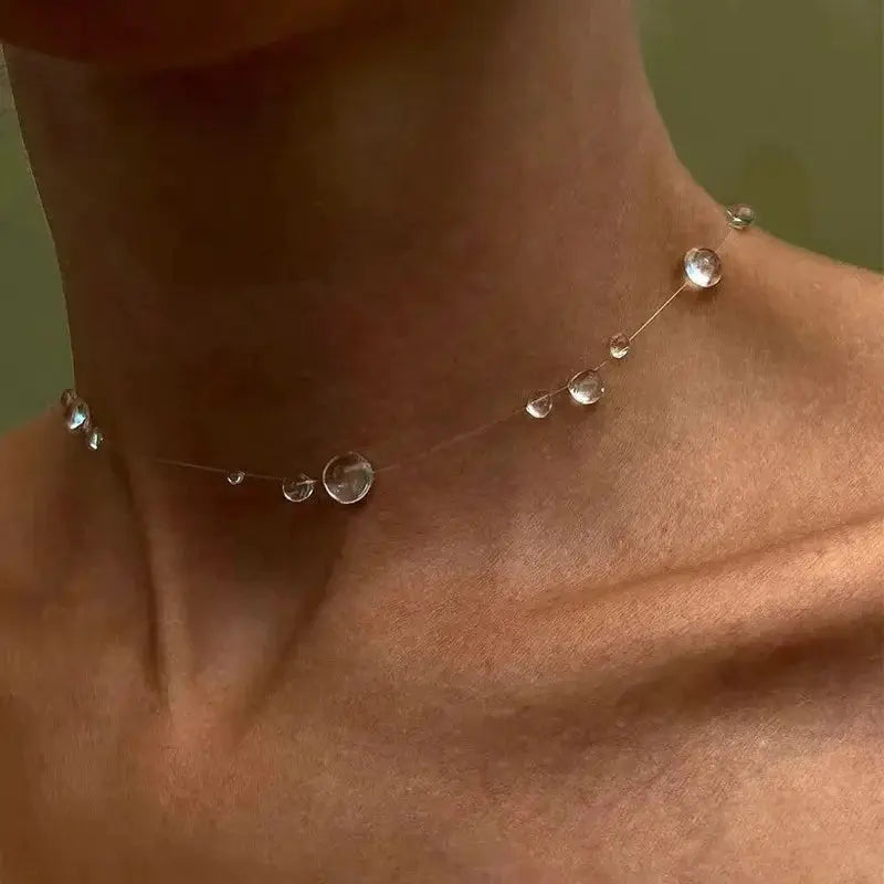 Simple Transparent Water Drop Clavicle Chain Thin Rope Beaded Tassel Earrings Necklace Bracelet Women Niche Personalized Jewelry by Adornity