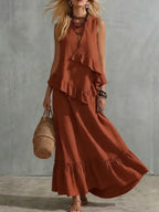 Women's Two-piece Sleeveless Irregular Ruffle Top Long Skirt 2026 Summer Cotton And Linen Fashion Casual Loose Solid Color Suit by Adornity
