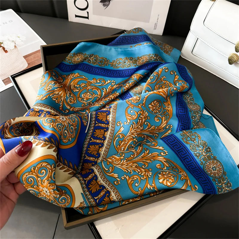 Women's Silk Scarf - 70x70cm Square Printed Pashmina Shawl With Plaid Pattern
