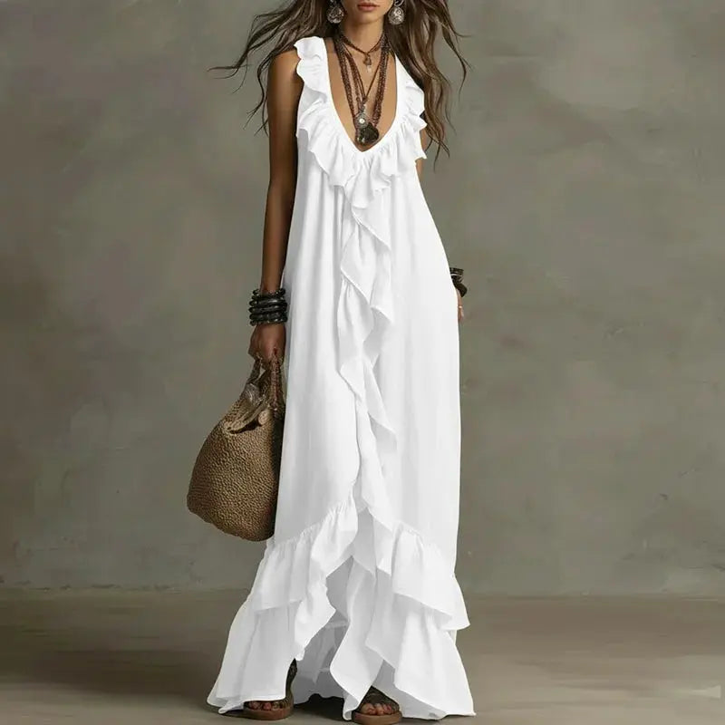 Women's Boho Ruffle Irregular Hem Maxi Dress Spring Deep V Neck Loose Party Long Dresses New Summer Sleeveless Solid Beach Dress by Adornity