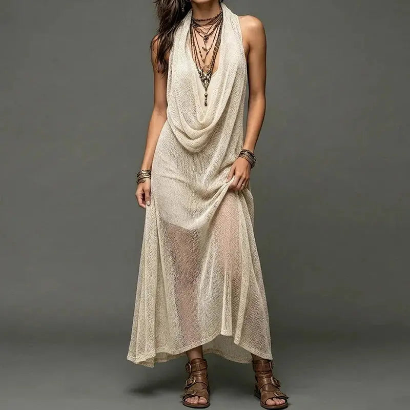 Solid Loose Elegant Maxi Dress Women's Summer Sleeveless Halter Patchwork Beach Style Holiday Fashion Simple Ladies Party Dress by Adornity