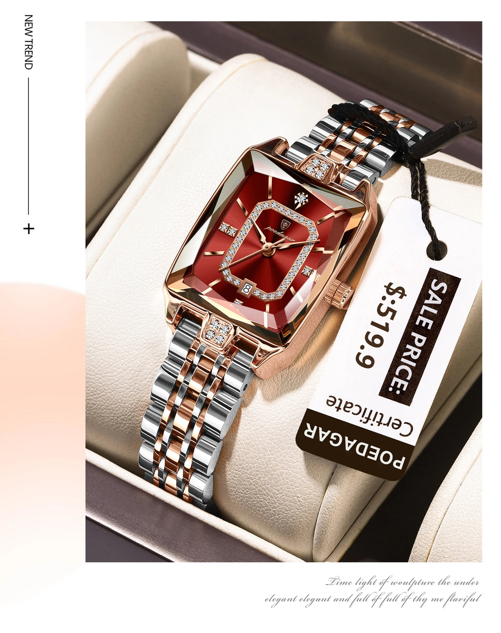 Luxury Women's Watch - Waterproof Stainless Steel Rectangle Calendar Quartz Timepiece