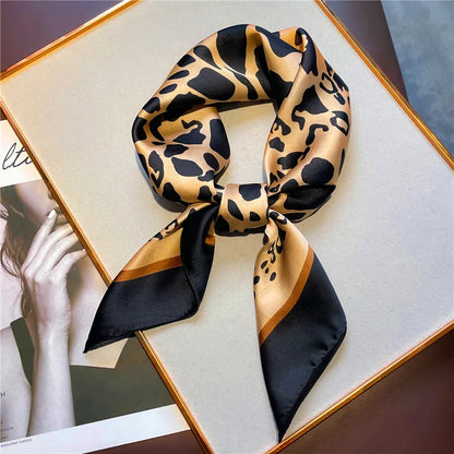 Luxury Women Leopard Print Square Hijab Scarf Imitation Silk Green Small Neck Scarf Stylish Casual Headscarf