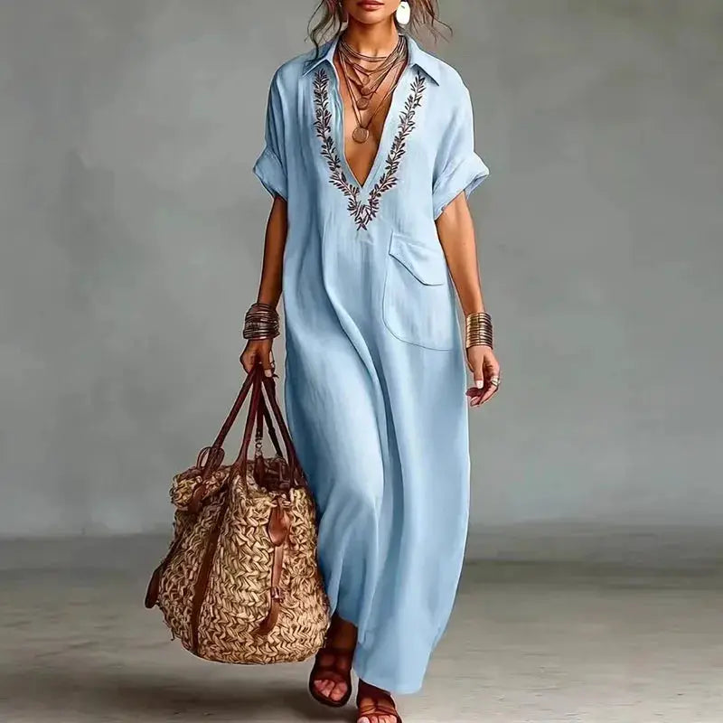 Womens Sexy Deep V Neck Print Bohemian Dress Spring Vintage Loose Long Party Dress Summer Short Sleeve Beach Vacation Maxi Dress by Adornity