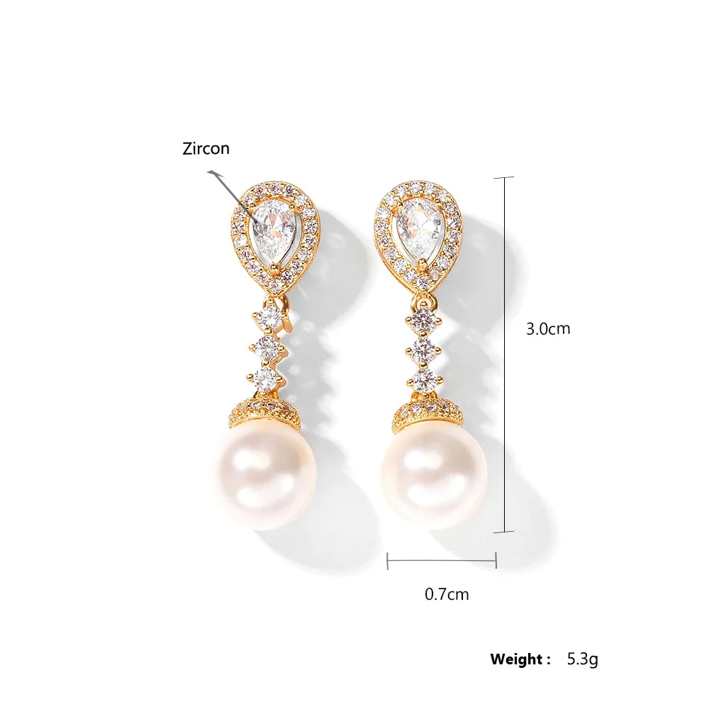 Bridal Elegant Round Imitation Pearl Earrings  Korean Fashion Water Drop CZ Bridal Earring Wedding Jewelry