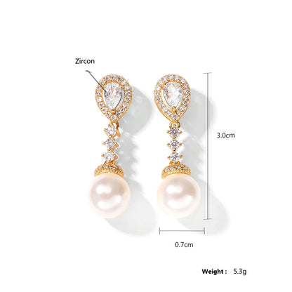 Bridal Elegant Round Imitation Pearl Earrings  Korean Fashion Water Drop CZ Bridal Earring Wedding Jewelry