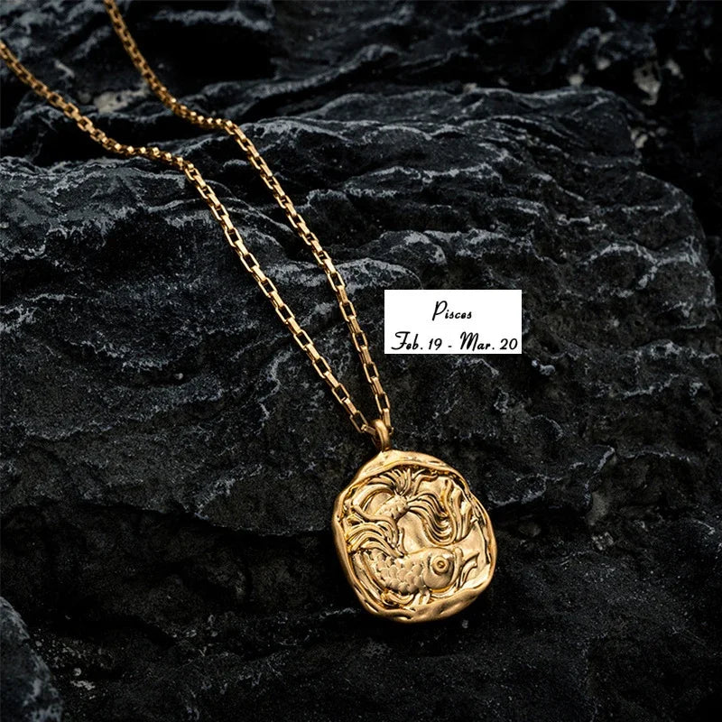 Zodiac Signs Stainless Steel Necklace - Gold Plated Constellation Round Pendant