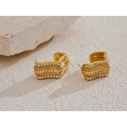 Delicate Shiny Cubic Zirconia C Shape Stripe Huggie Earrings