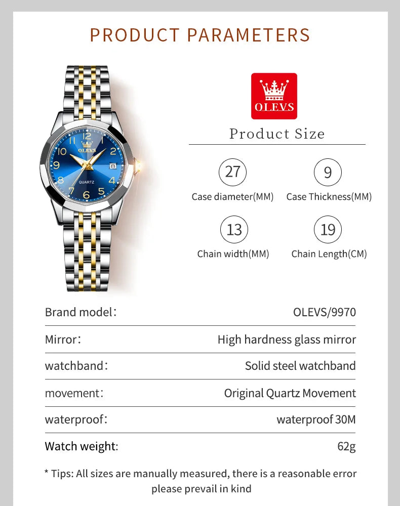 Luxury Quartz Watch - OLEVS Women's Stainless Steel Wristwatch with Digital Dial Calendar