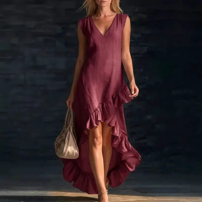 2026 Spring Sexy V Neck Solid Long Dresses Woman Elegant Ruffle Hem Irregular Party Dresses Summer Sleeveless Casual Beach Dress by Adornity