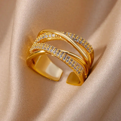 Gold Stainless Steel Hollow Out Ring with Crystal Zircon