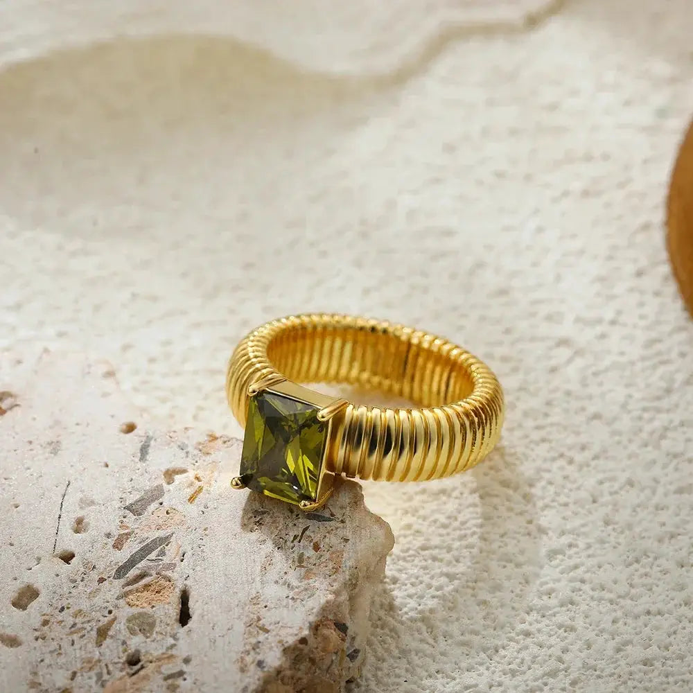 18K Gold Plated Waterproof Multi-color Crystal Chunky Striped Texture Rings Delicate Shiny Square Zircon Wed Ring Punk Jewelry by Adornity