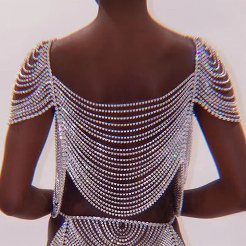 Women Luxury Crop Tank Top Glitter Rhinestone Crystal Metal Chain Tassel Sexy See Through Backless Short Sleeve Festival Tops