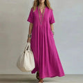 Retro Solid Cotton Linen Maxi Dress Woman Spring Sexy V Neck Draped Pocket Long Dress Summer Short Sleeve High Waist Party Dress by Adornity