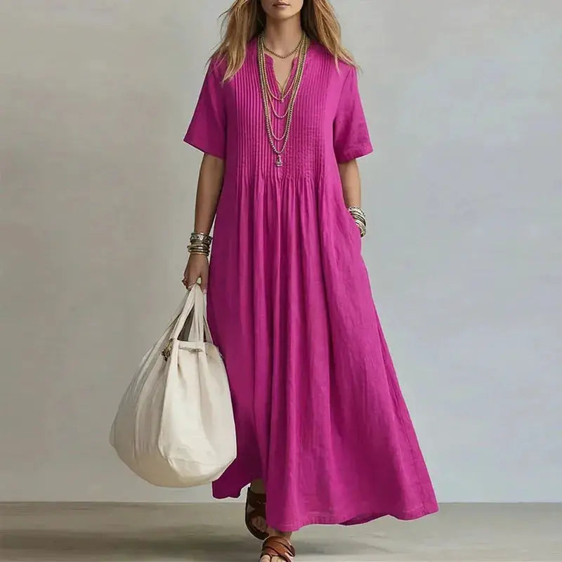 Retro Solid Cotton Linen Maxi Dress Woman Spring Sexy V Neck Draped Pocket Long Dress Summer Short Sleeve High Waist Party Dress by Adornity