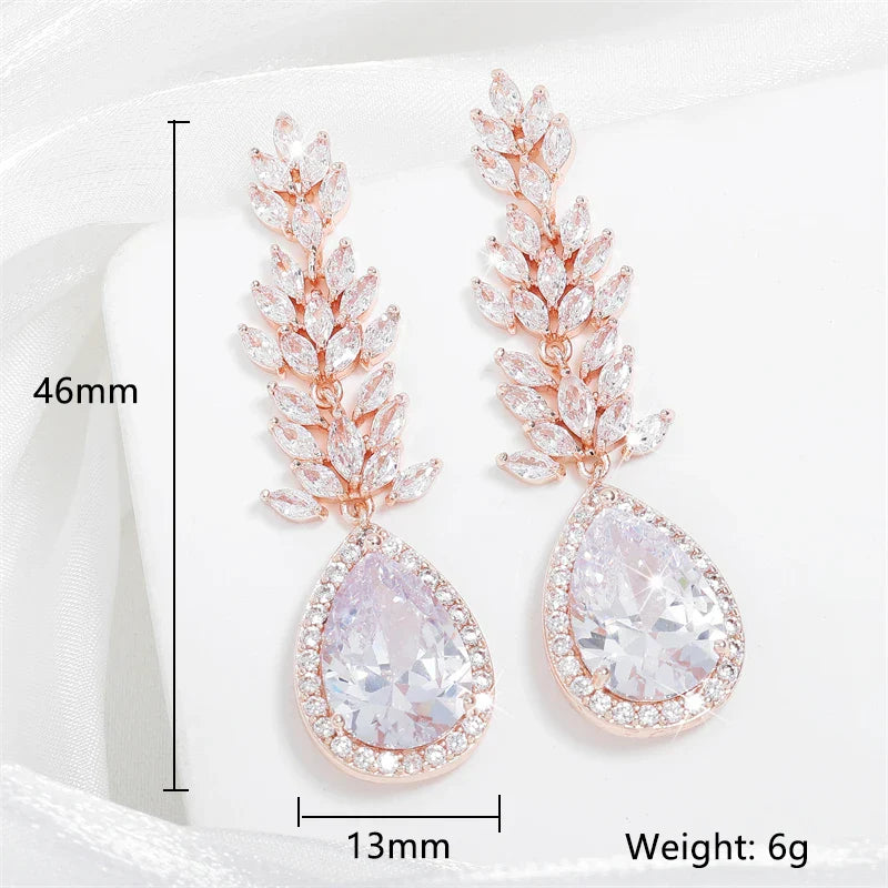 Bridal Crystal Leaf Earrings, Silver Cubic Zirconia Wedding Jewelry,