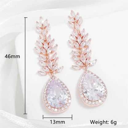 Bridal Crystal Leaf Earrings, Silver Cubic Zirconia Wedding Jewelry,