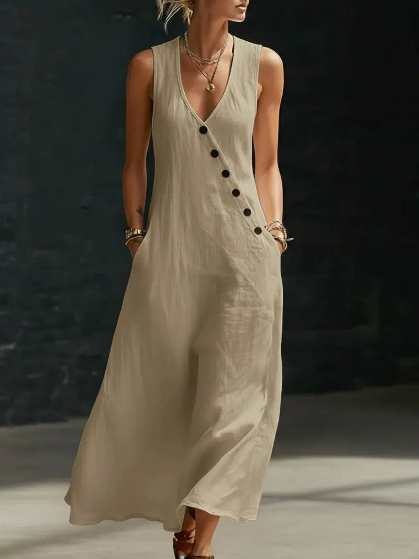 Casual Sleeveless Loose Maxi Dress Women Summer 2026 Fashion Solid Color V-neck Holliday Long Dresses Elegant by Adornity