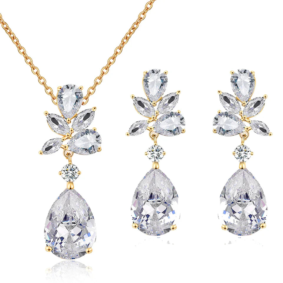 Classic Water Drop Zirconia Pendant Earrings Necklace Jewelry Set