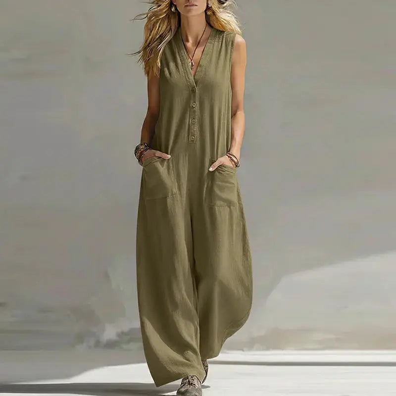 New Summer Sleeveless Cotton Linen Jumpsuit Women Casual V Neck Loose Wide Leg Pants Jumpsuit Women Casual Commuting Bodysuits by Adornity