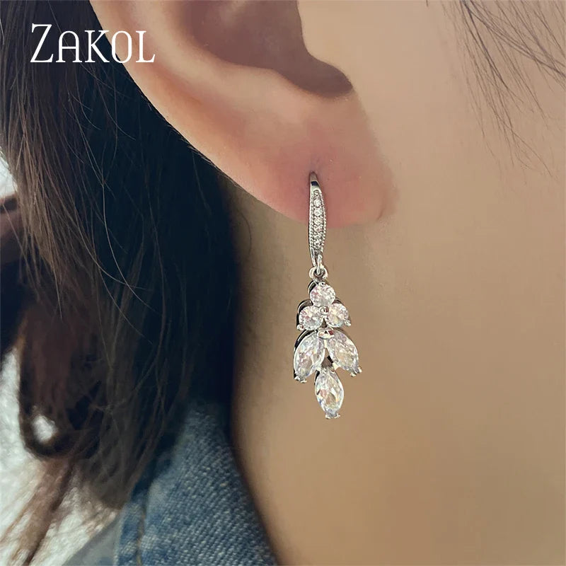 Bridal Marquise Cut Cluster Flower Zirconia Crystal Long Dangle Drop Earrings Wedding Jewelry