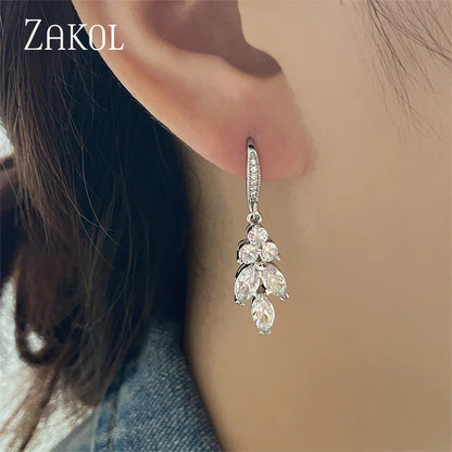 Bridal Marquise Cut Cluster Flower Zirconia Crystal Long Dangle Drop Earrings Wedding Jewelry