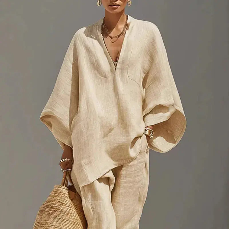 Female Clothing Two Piece Set 2026 Spring V Neck Loose Top Pullover & Long Pants Outfits Woman Batwing Sleeve Vintage Suit Mujer by Adornity