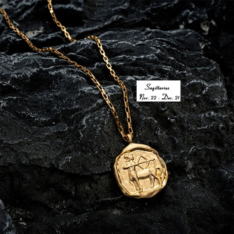 Zodiac Signs Stainless Steel Necklace - Gold Plated Constellation Round Pendant