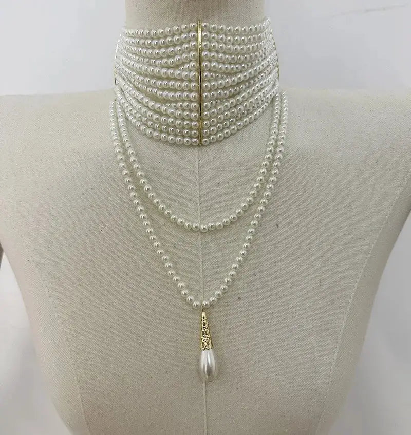 Pearl Tassel Necklace – Multi-Layered Vintage Pearl Jewelry With Teardrop Pendant by Adornity