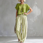 Sexy Crew Collar Top T-shirts Wide Leg Trousers Suit Woman Spring Striped Print Cotton Linen Set Summer Short Sleeve Boho Outfit by Adornity