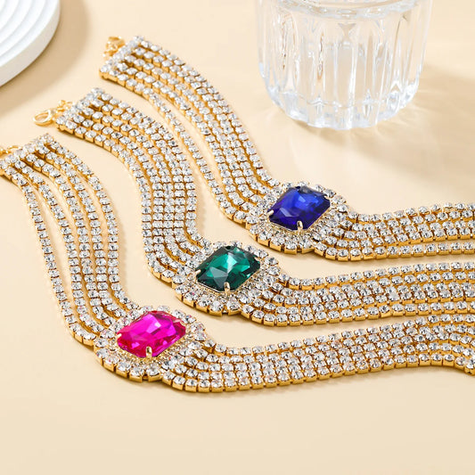 Extravagant Multicolored Rhinestone Square Pendant Necklace for Women with Crystal Hollow Chain