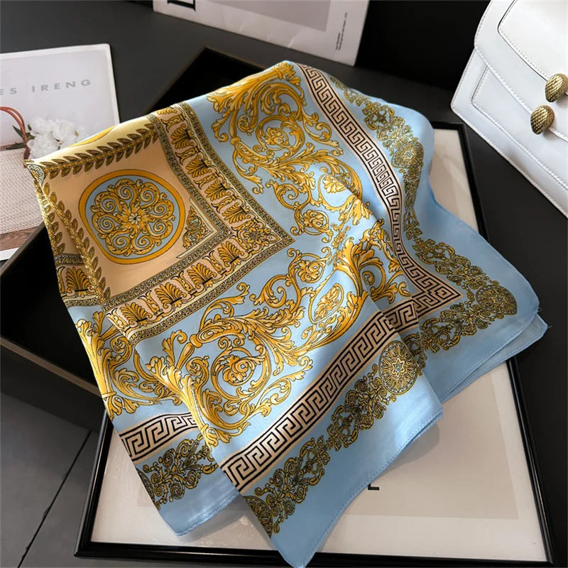 Women's Silk Scarf - 70x70cm Square Printed Pashmina Shawl With Plaid Pattern